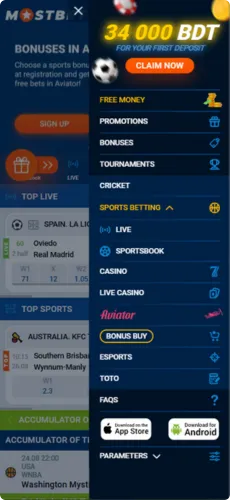 Mostbet App Menu Interface